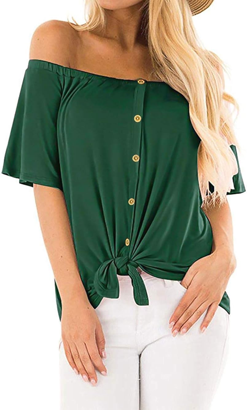 SAMPEEL Womens Off The Shoulder Top Short Sleeve Button Down Flowy Knot Shirt