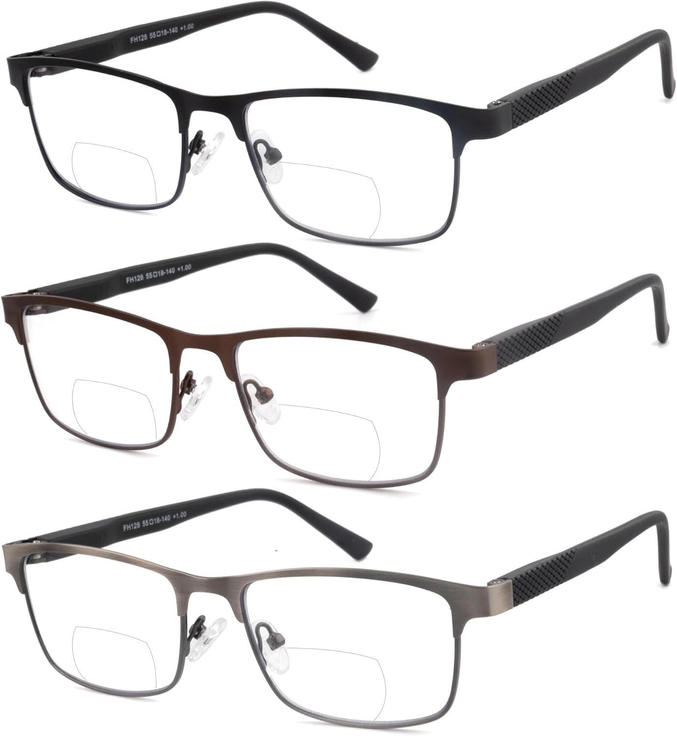 3 Pack Bifocal Reading Glasses for Men Metal Full Frame Bi-focal Readers Clear Top Far/Near Dual-use Eyeglasses,Black/Brown/Gun metal, +2.00 - Image 2