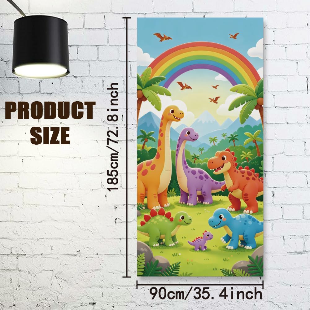 arricraft 1Pc Dinosaur Theme Polyester Door Cover, 72.83"x35.43" Cute Cartoon Dinosaur Pattern Backdrop Banner Doors Porch Sign Photography Background for Party Porch Home Decor Accessories image 2