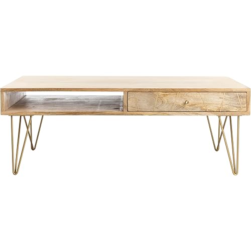 Safavieh Home Marigold Mid-Century Modern Natural and Brass Hairpin Leg Coffee Table