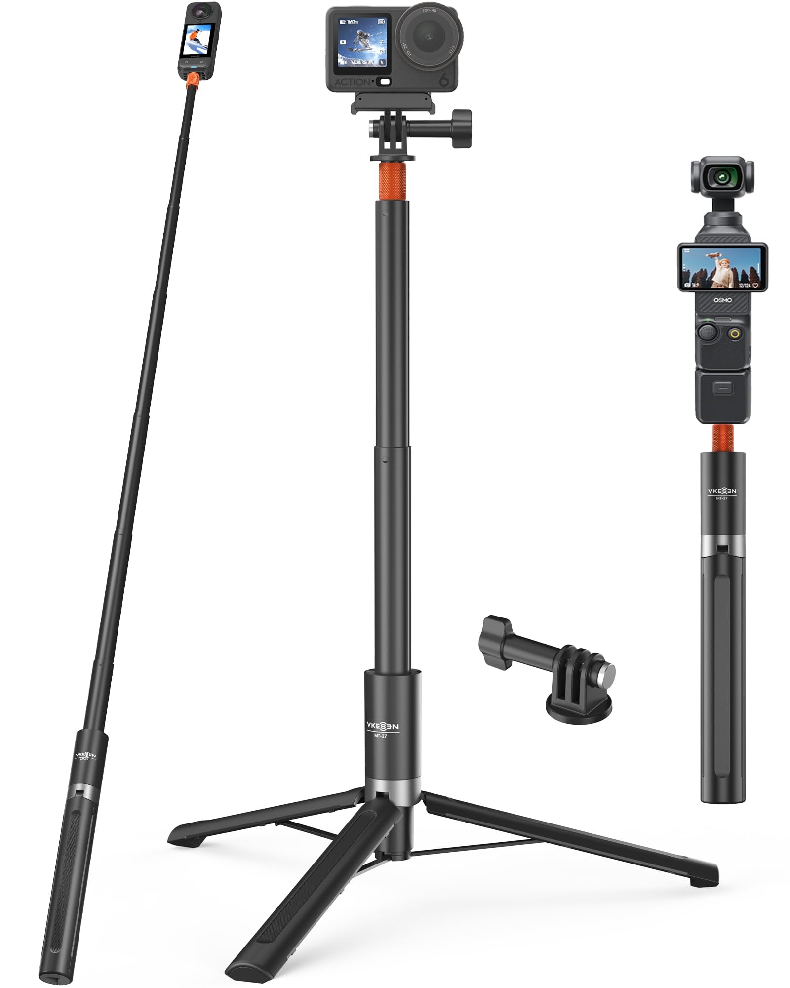 Unsichtbarer Selfie-Stick Stativ für Insta360 X5/X4/GO3S, DJI Osmo 360 usw. | für Actionkamera, 28,7~147,5cm Längenverstellbar, Multifunktional, Leicht, für Vlogs, Reise, Wandern, Skifahren, Gruppenfotos