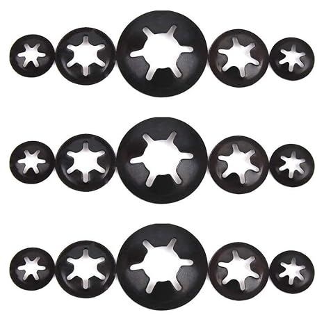 UoYu 7 Sizes Internal Tooth Starlock Washers, Quick Speed Locking Washers, Push On Speed Clips Fasteners Assortment Kit 200 Pcs