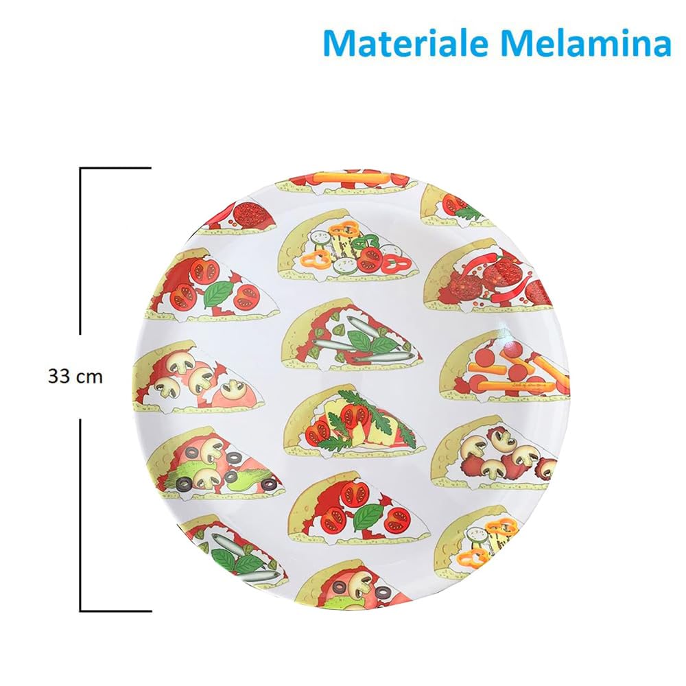 PALUPLUS Set 6 Piatti Pizza Rotondi in Melamina, Diametro 33 cm e Altezza 1,5 cm, Piatto con 3 Decorazioni, Infrangibili e Riutilizzabili, Fantasia Rossa, Pizza Time e Spicchi pizza -4634C