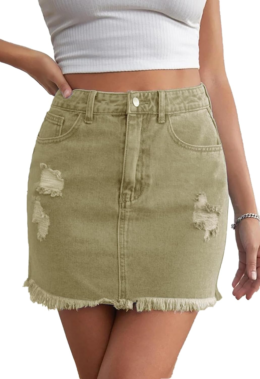 Women’s Bodycon Denim Mini Skirt High Waist Casual Washed Frayed Stretchy Jean Skirts with Pocket for Women