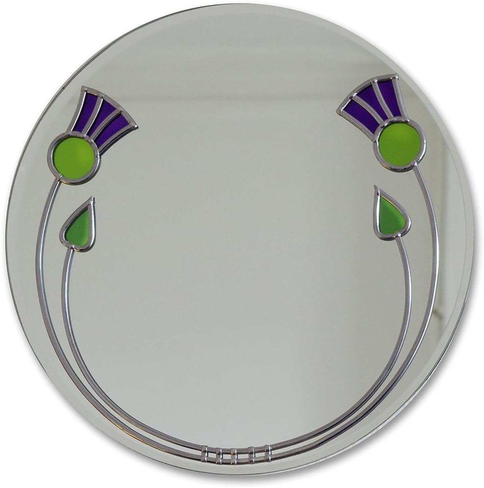 Art Deco Thistles and Buds Round Leaded Stained Glass Decorative Medium Size Wall Mirror