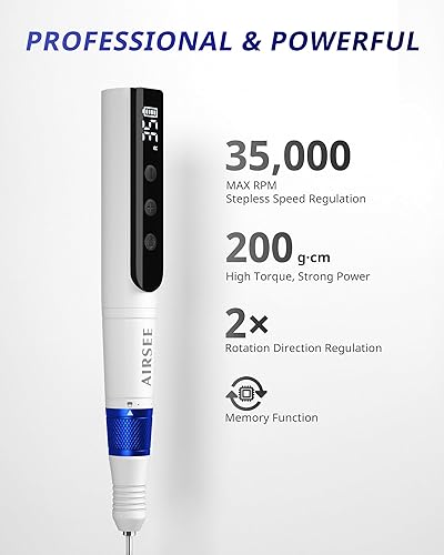 Miniatura 2 de AIRSEE Master Cordless Electric Nail Drill Machine, 35000 RPM Stepless Speed, Professional Rechargeable Nail File Set with LED Display, Portable Azul