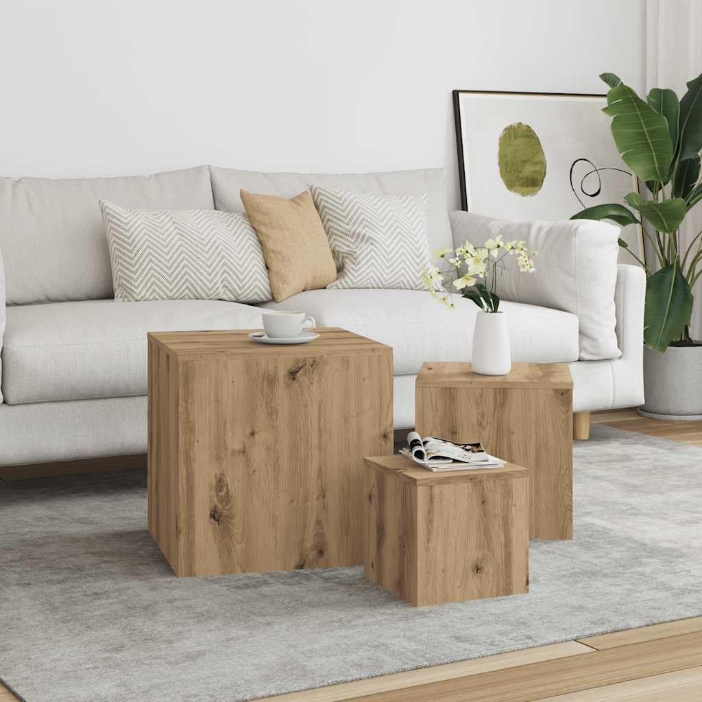 Juego de 3 mesas auxiliares de madera de roble Artisan, con diferentes tamaños, versátiles como mesita de noche, mesa de sofá o mesa de teléfono, para salón, dormitorio, oficina