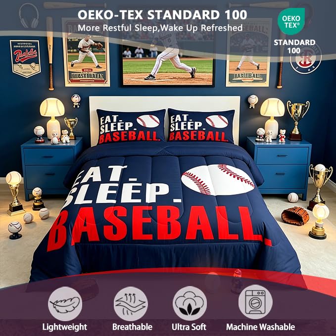 Image of Feelyou Baseball Bedding Set Queen Size 3Pcs for Boys Girls Women Men
