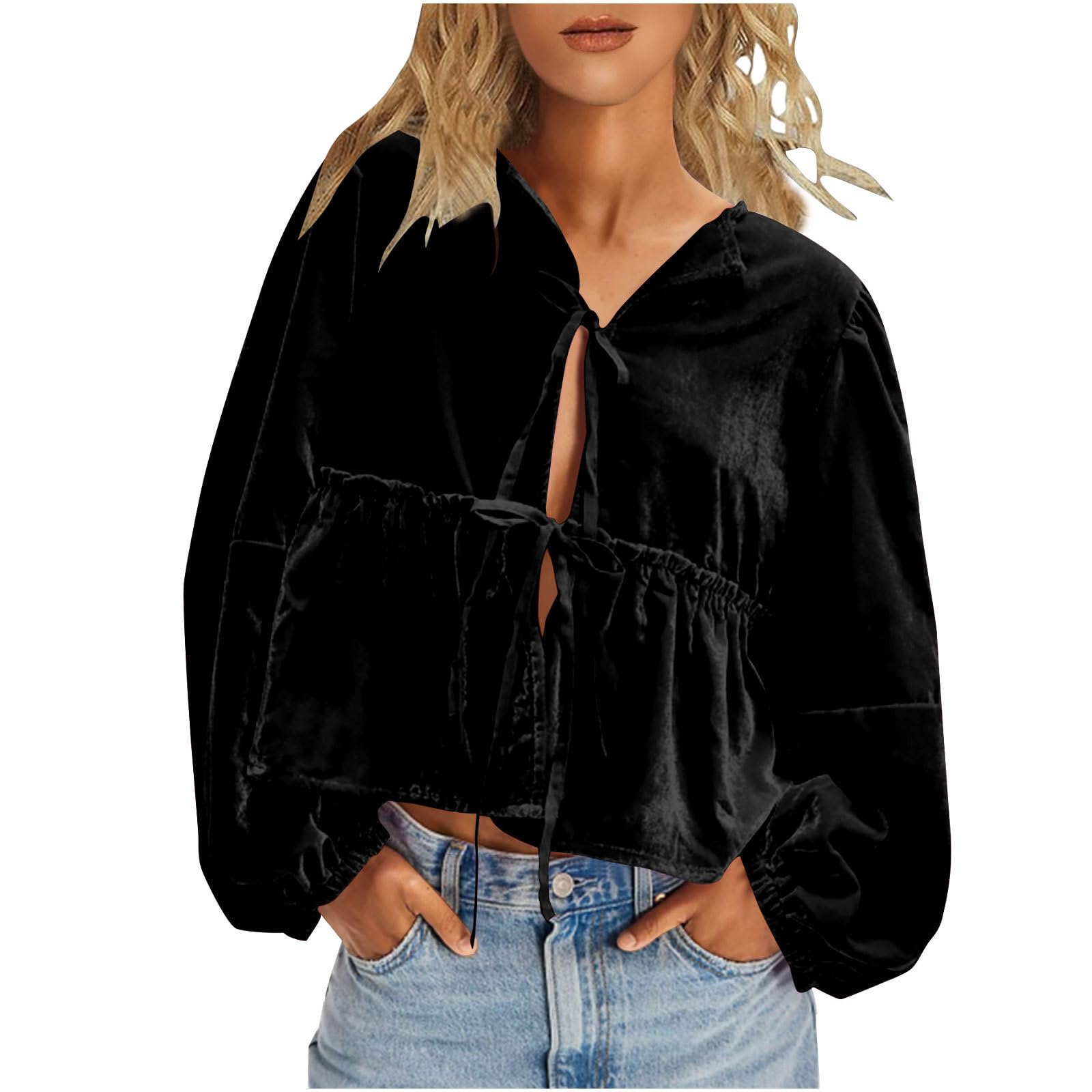 Womens Fall Velvet Tops 2025 Long Sleeve Tie Front Casual Jackets Cardigan Vintage Loose Short Coat