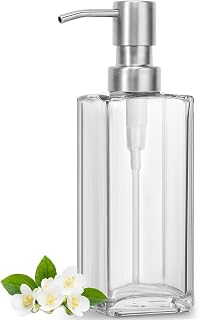 GMISUN Glass Soap Dispenser with Stainless Steel Pump, Clear Hand Soap Dispenser for Bathroom, 12 fl oz/350ml Dish Dispensers for Kitchen, Modern Refillable Liquid Soap Lotion Bottle for Countertop