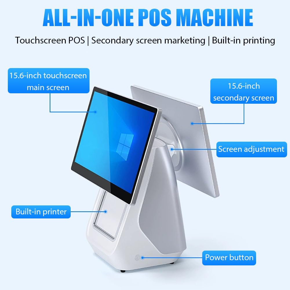 Terminale POS Per Vendita Al Dettaglio E Ristoranti Per Piccole Imprese, Registratore Di Cassa Professionale All-In-One A Doppio Schermo, Touch Screen,Bianca