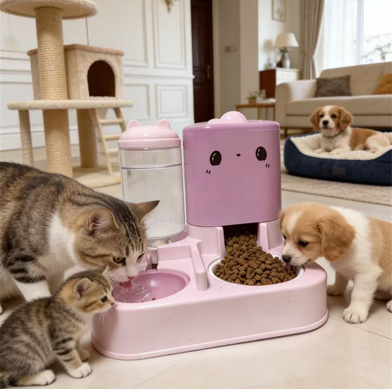 Gamelle automatique pour animal domestique - Distributeur d'eau et de nourriture avec récipient de rangement rechargeable - Grande capacité - Rose