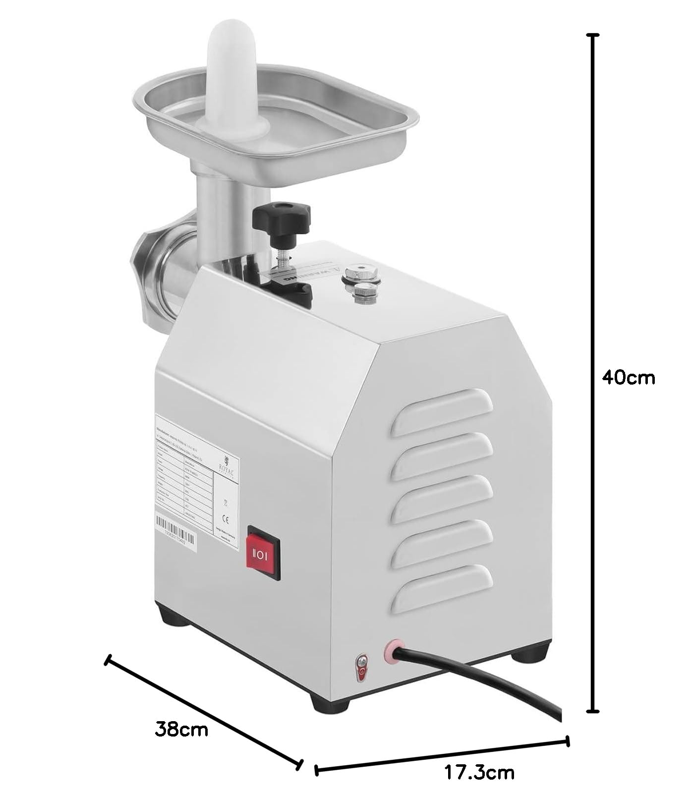 Royal Catering RCFW 70-600ECO Picadora de Carne Eléctrica Profesional (70 kg/h, 600 W, Marcha Retrógrada, Orificios de 5/7 mm, Acero Inoxidable) ECO