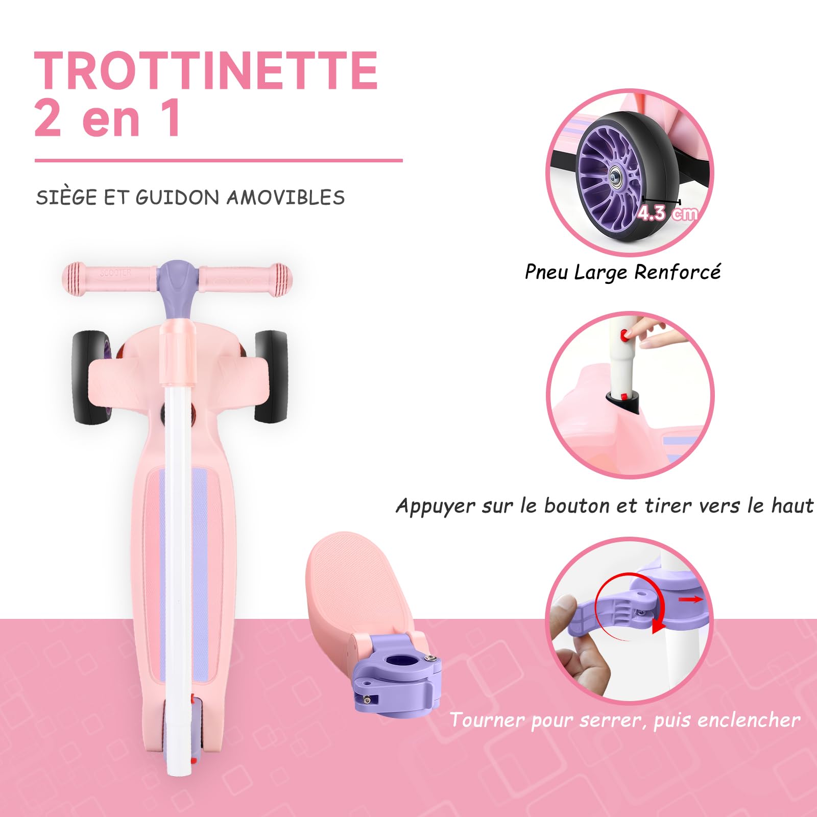 Trottinette Enfant 2 en 1 avec Siège Amovible, 3 Roues Lumineuses et 4 Hauteurs Réglables, Trottinette à Pousser Assise ou Debout pour Filles et Garçons de 2 à 10 Ans