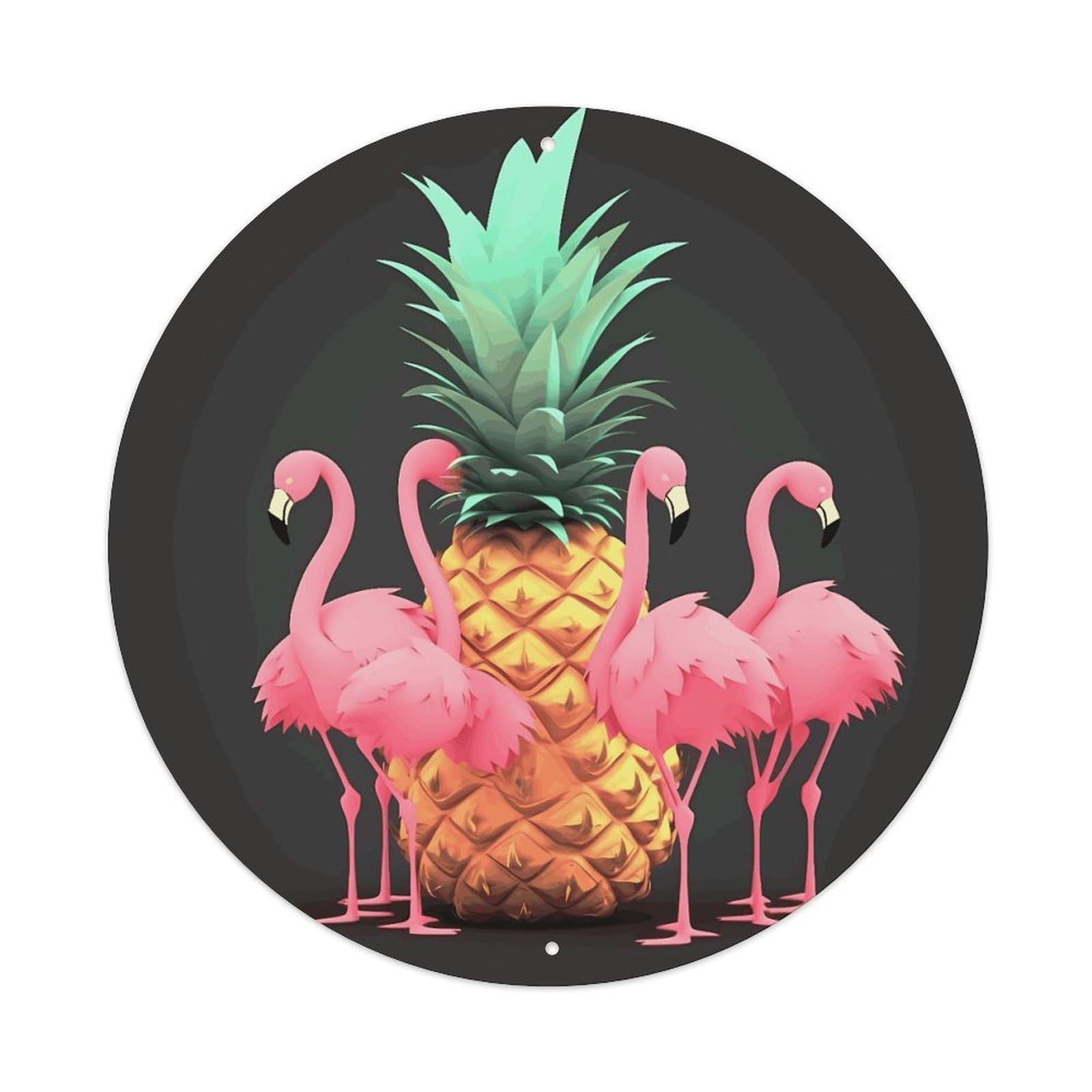 LZQPOEAS Pineapple Flamingos Round Aluminum Wall Art Sign, Metal Indoor Wall Decor with Holes, Durable Circular Aluminum Plaque for Home, Bar, Cafe, Living Room, And Office Decoration