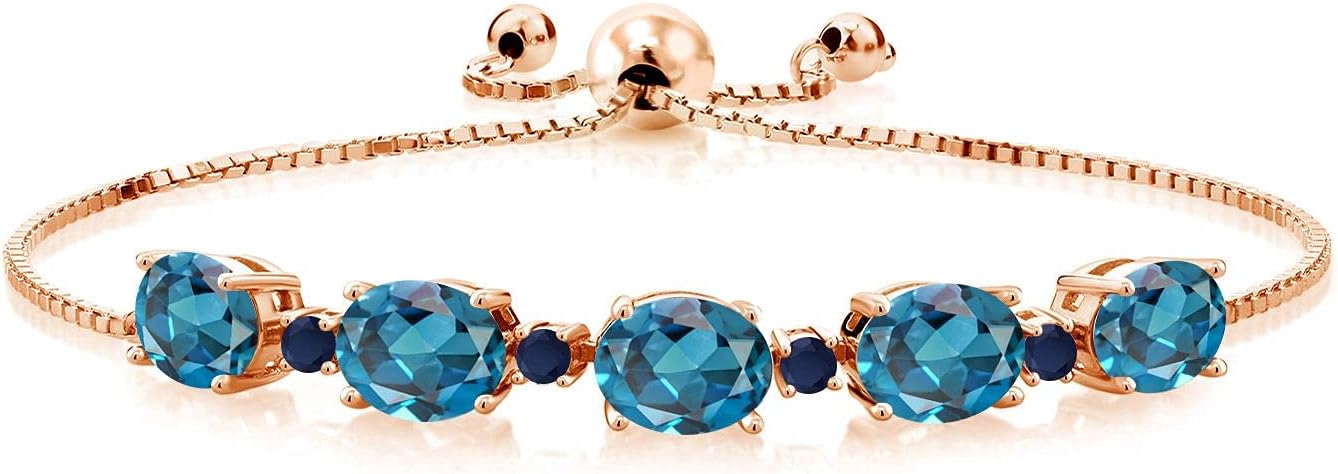Gem Stone King 18K Rose Gold Plated Silver London Blue Topaz and Blue Sapphire Tennis Bracelet For Women | 7.74 Cttw | Gemstone Birthstone | Fully Adjustable Up to 9 Inch