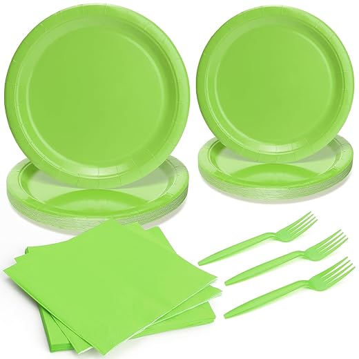 96pcs Disposable Solid Tableware Set Paper Plates Round for 24 Guests Party Table Supplies Birthday Picnic Wedding (Include Plates, Forks and Napkins) - Green