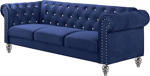 Miniatura 5 de New Classic Furniture Glam Emma - Sofá de terciopelo de tres plazas estilo Chesterfield para espacios pequeños con botones de cristal, azul rey Azul