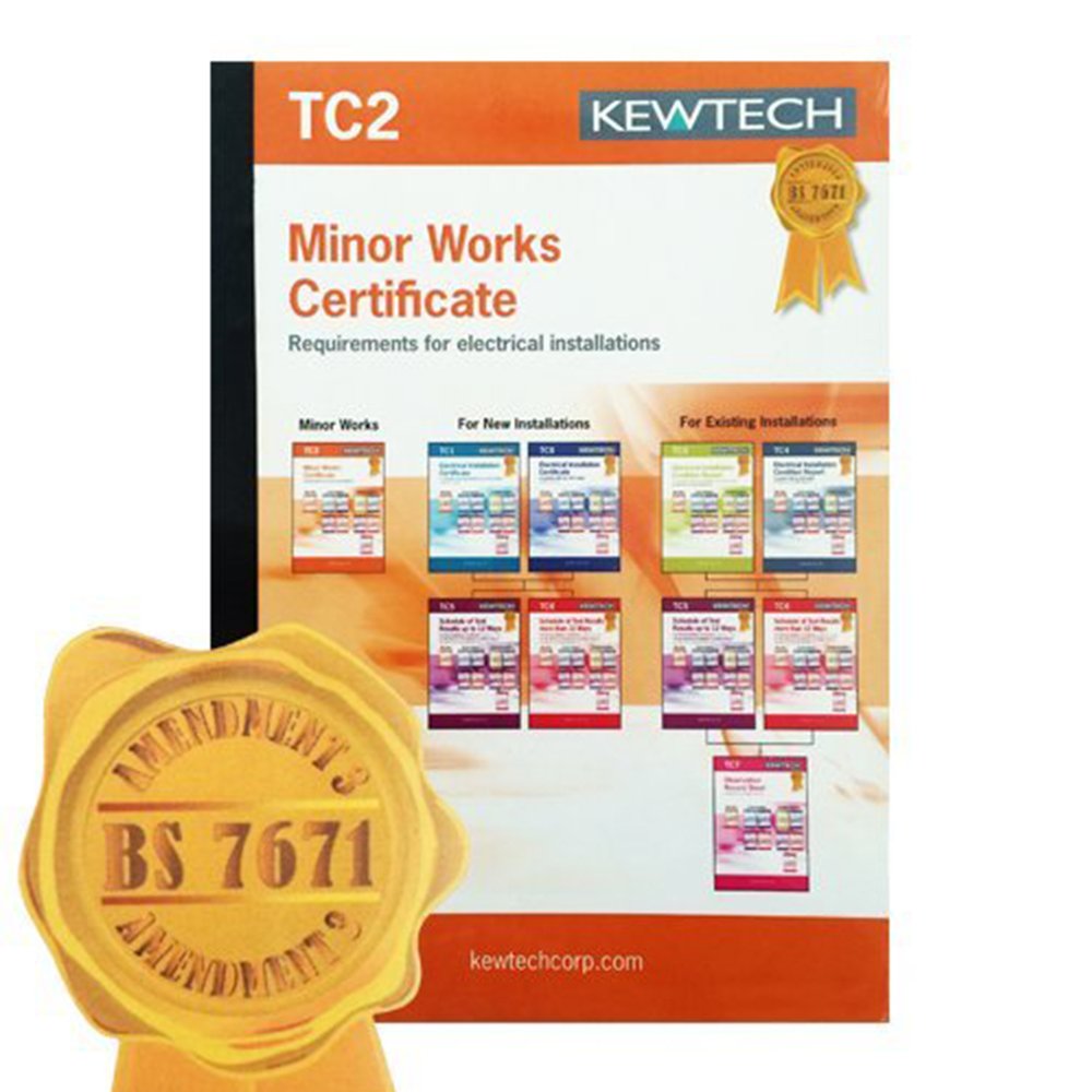 Kewtech Tc2 - Amendment 3 Compliant Electrical Installation Minor Works Certifcate Book, Contains 40 Certificates (1 Page Per Certificate), With Copies For Customer & Contractor Use