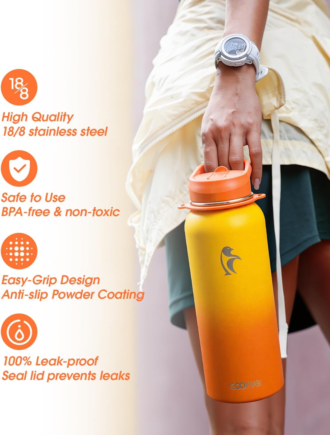 Coolflask Water Bottle with Straw, 40 oz Insulated Metal Water Flask with Straw & Spout Lids, Stainless Steel Double Wall Vacuum, Keep Cold 48h Hot 24h, Leak Proof, BPA-Free, Yellow/Orange