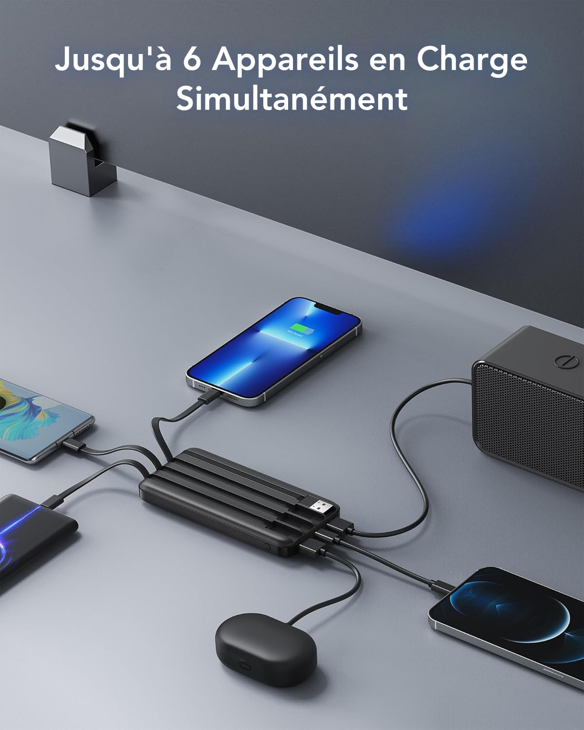 Charmast Batterie Externe, 10000mAh Power Bank avec 4 Câbles Intégrés, USB C Mince Batterie Portable Compatible avec iPhone 17/16/15, AirPods, iPad, Samsung etc