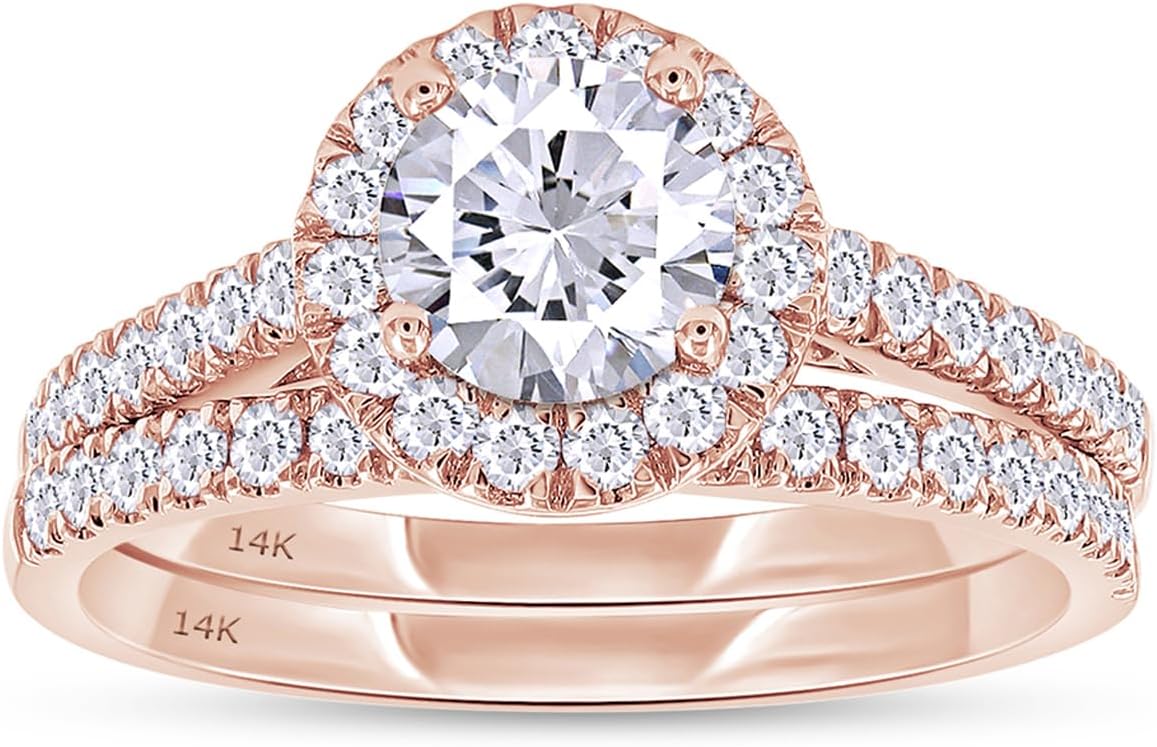 SAVEARTH DIAMONDS 4.9MM Center Moissanite & Lab Grown Diamond Halo Bridal Set Wedding Set Wedding Ring In 10K & 14K Solid Gold jewelry For Women (1 CTTW)