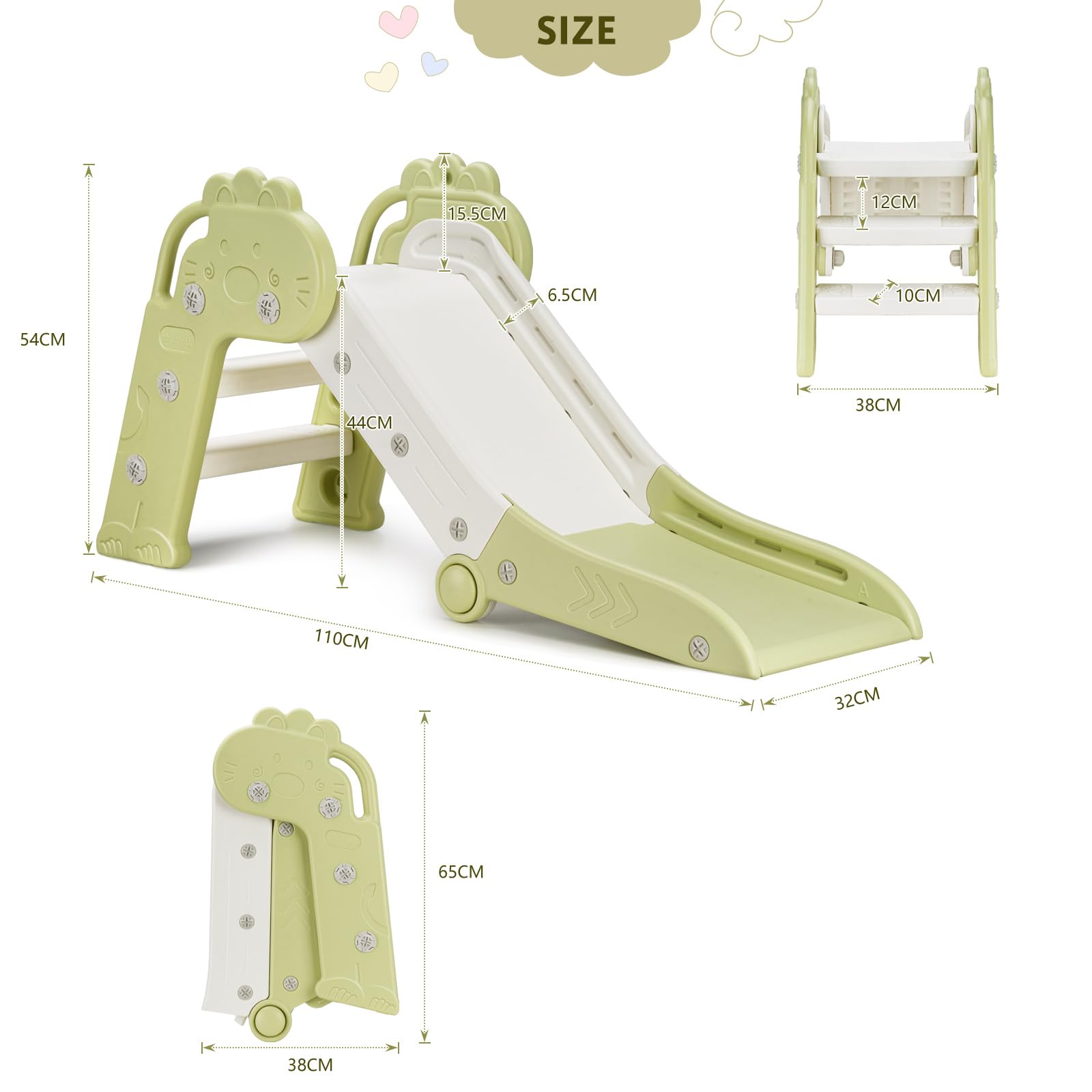Woonyee Kids Slide for Toddlers Age 1 to 3 Years, 3 in 1 Foldable Toddler Slide, Indoor Outdoor Folding Slide for Kids, Cute Freestanding Baby Slide, Easy to Store and Set Up, Green
