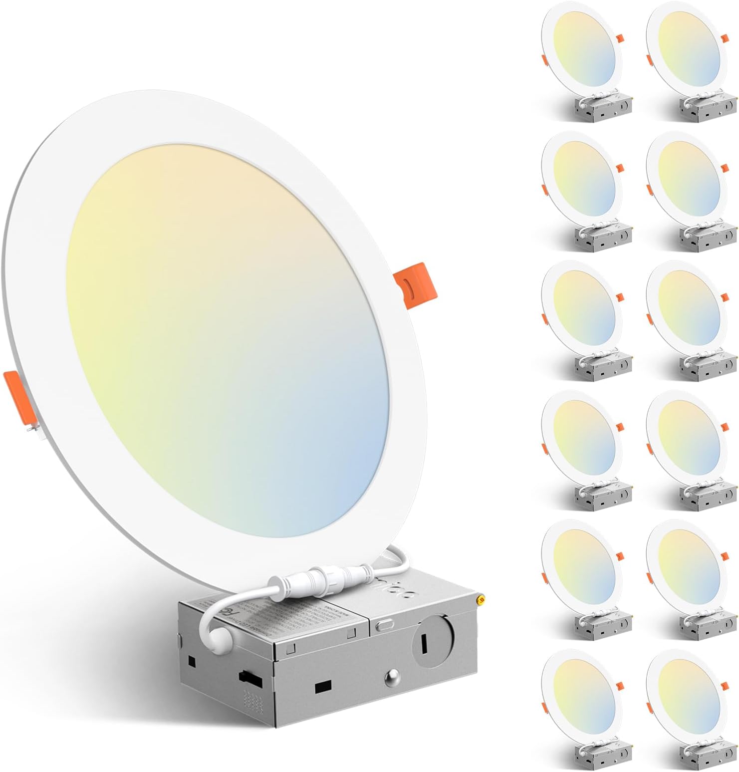 Amico 12 Pack 8 Inch 5CCT Ultra-Thin LED Recessed Ceiling Light with Junction Box, 2700K/3000K/3500K/4000K/5000K Selectable, 18W Eqv 125W, Dimmable Canless Wafer Downlight, 1600LM High Brightness -ETL