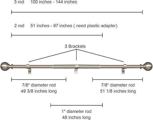 Miniatura 2 de Kemmie Barra de cortina clásica de 1 pulgada con remates redondos, barra de cortina telescópica simple, 72-144 pulgadas, níquel mate