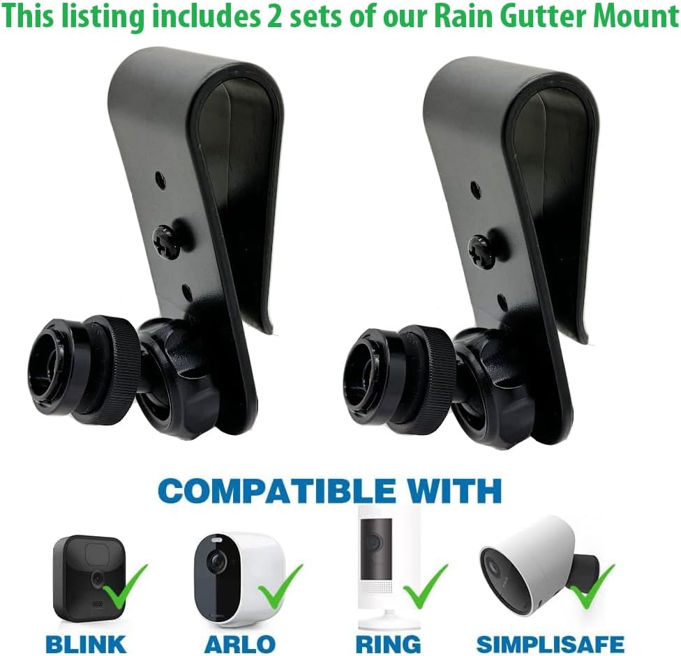 (Set of 2 Rigid Outdoor No Drill Security Camera Rain Gutter Mounts Compatible with Ring, Blink, EU-fy, Wy-ze, Arlo, Simpli-Safe and More (1/4-20 Connection)