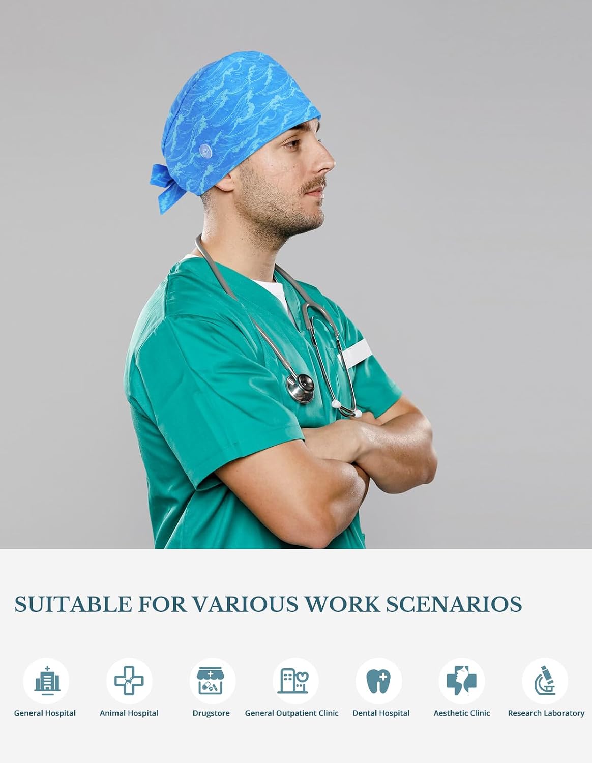 Ocean Wave Double-Sided Printed Scrub Caps for Men and Women with Buttons, Adjustable Helps Reduce Static Buildup Medical Hats, Breathable Surgical Caps with Sweatband for Long Hours
