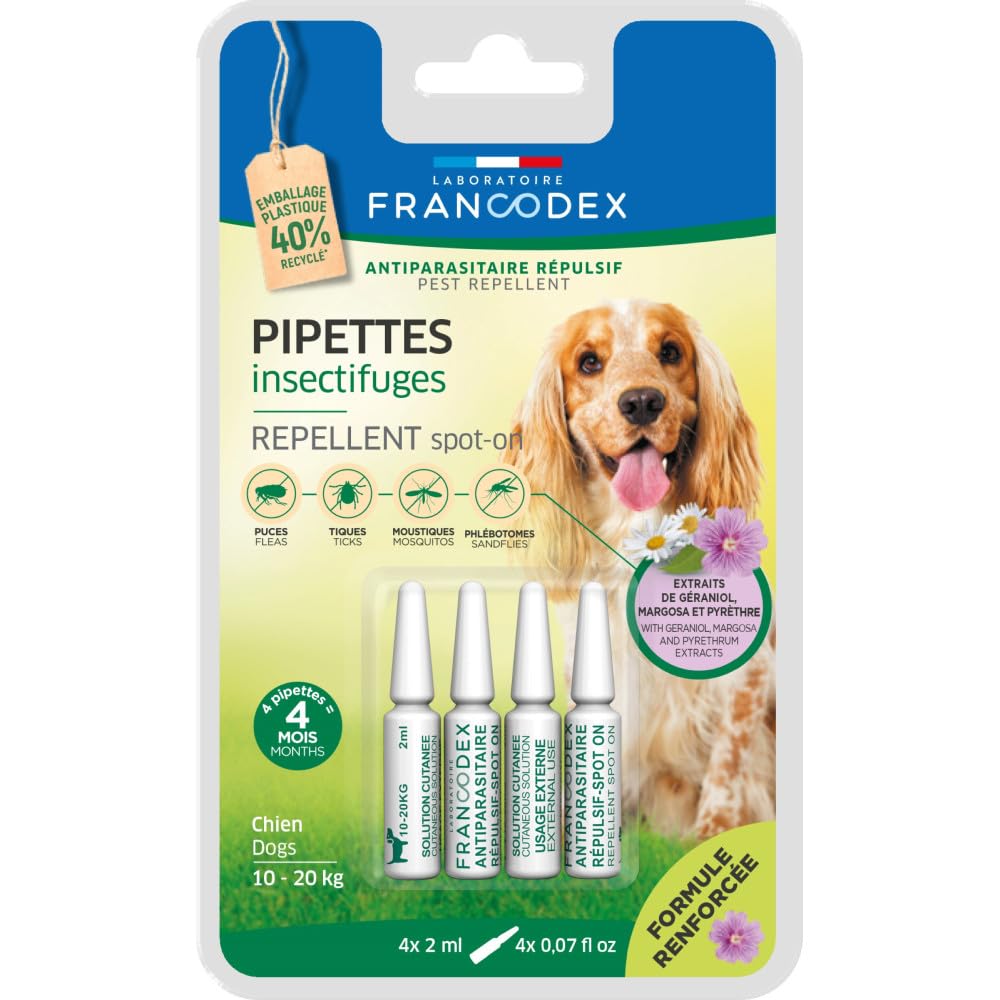 Francodex - 4 Pipettes Insectifuges pour Chiens de 10 kg à 20 kg Formule renforcée