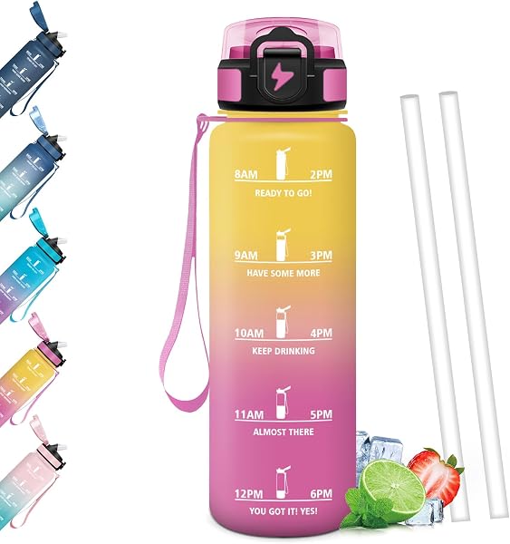 Borraccia 1 Litro, Libre de BPA & Reutilizables, Borracce con Cannuccia, A Prova di Perdita, Borracce Palestra, Portatile, Borraccia Motivazionale per Scuola, Palestra, Ufficio, Festa - 1