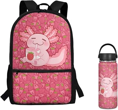 Strawberries School Backpack for Girls 8-10 Kids Water Bottle for Girl Large Capacity Bookbag Axolotl Insulated Water Bottle for Kids Lightweight Schoolbag for Back to School 100 Days