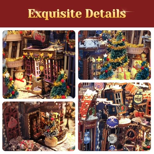 RONSTONE DIY Chirtmas Street Scene Book Nook Kit - Mini Dollhouse Booknook with Dust Cover - Bookshelf Insert Decor with Led Light - Christmas 3D Puzzles Gift for Adults - Image 5