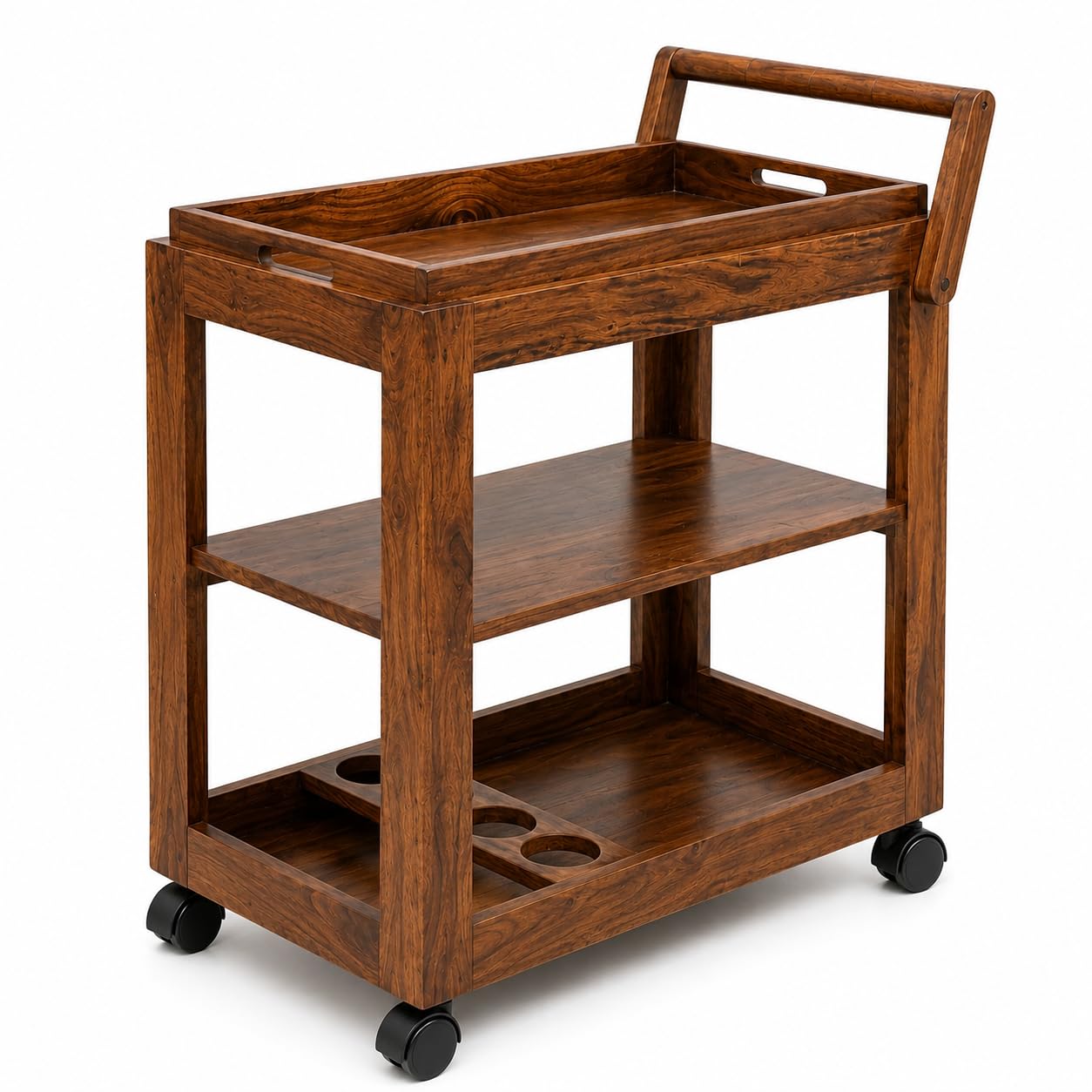 Vm Decor 3-Tier Solid Wood Rolling Bar Cart, Wine Serving Trolley with Wheels and Seasoning Rack (Brown Polish, Style 15)-image-43