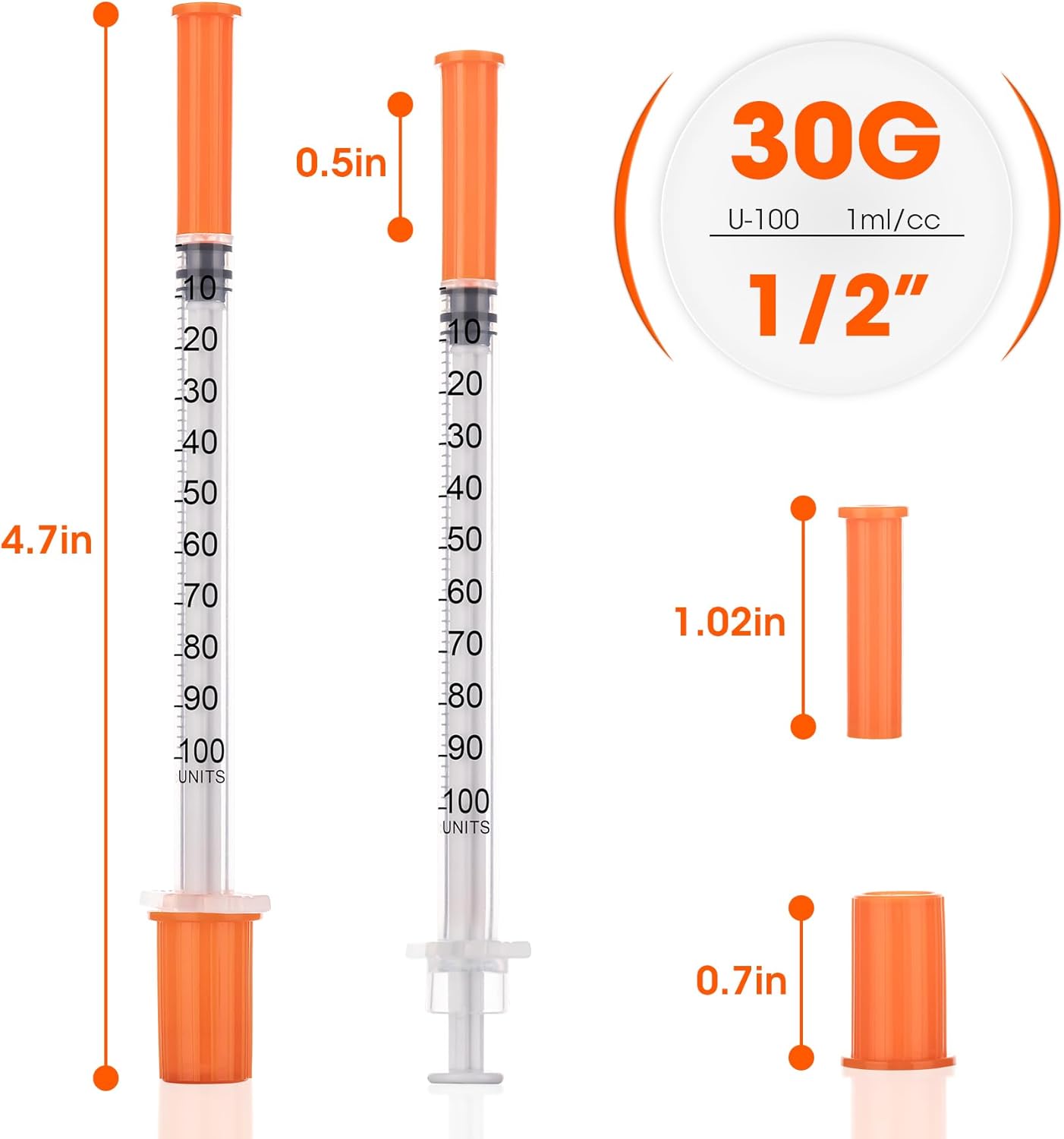 1ml/cc 30G 1/2" (13mm) Syringe, U-100 Scientific Lab Syringes, Disposable Individually Packaged, 20 Pack