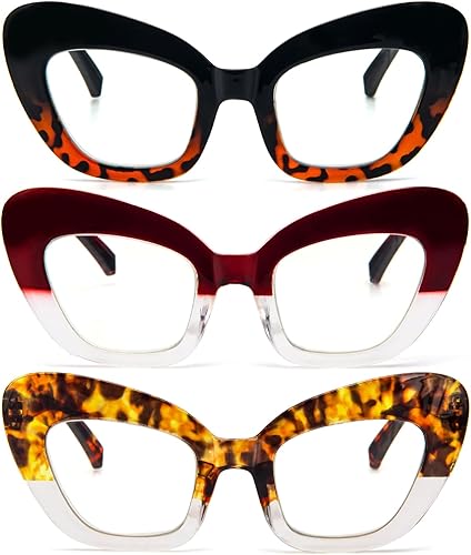 prtcslwd Gafas de lectura con montura grande de ojo de gato, paquete de tres gafas de lectura de gran tamaño, antirreflejos, antirayos azules, para