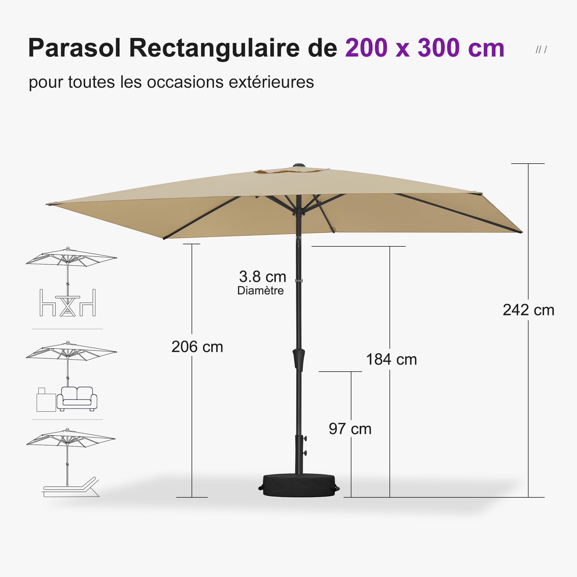 PURPLE LEAF Parasol de Jardin Extérieur Rectangulaire 200 x 300 cm avec Pied, Parasol Toile Toile Anti-UV 180 g/m² avec Inclinable des Deux Côtés pour Balcon, Terrasse, Plage, Beige