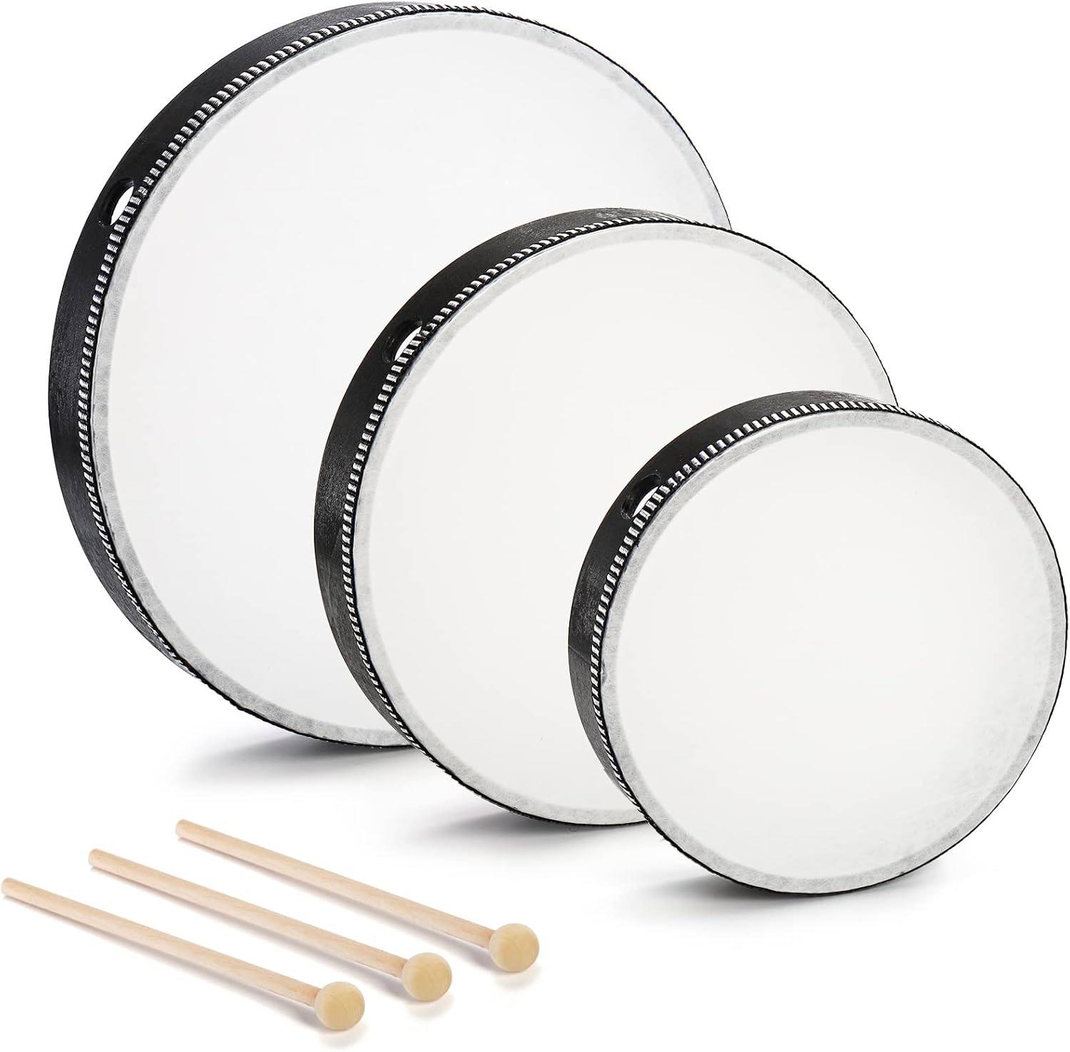 Foraineam 3 Pieces Hand Drum with Drum Sticks 12 Inch 10 Inch 8 Inch Musical Percussion Wood Frame Drum Music Rhythm Instruments for Home Party Supplies