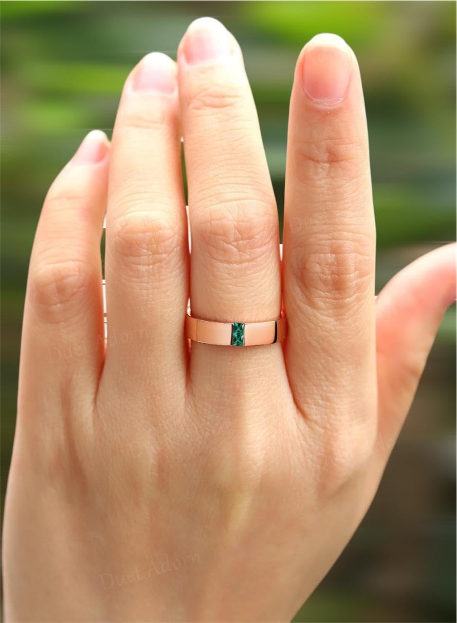 Couples Wedding Bands with Emerald & Moissanite Natural Gemstone Accents, His and Hers Matching Set, Antique 925 Sterling Silver Ring.