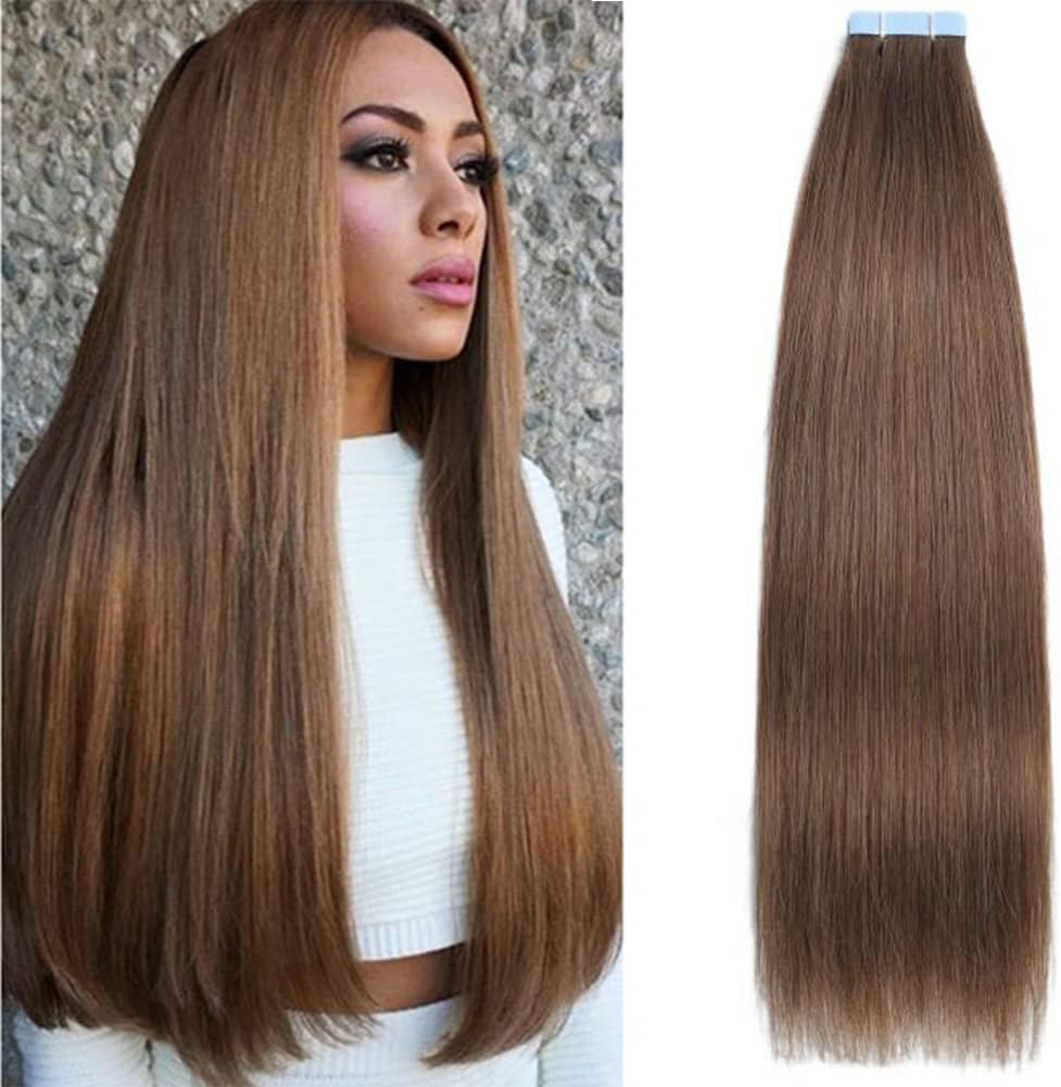 Amella Hair Tape in Hair Extensions Human Hair,20 inch Tape in 40g/pack 20pcs Seamless Skin Weft Remy Straight Hair #8 Light Brown