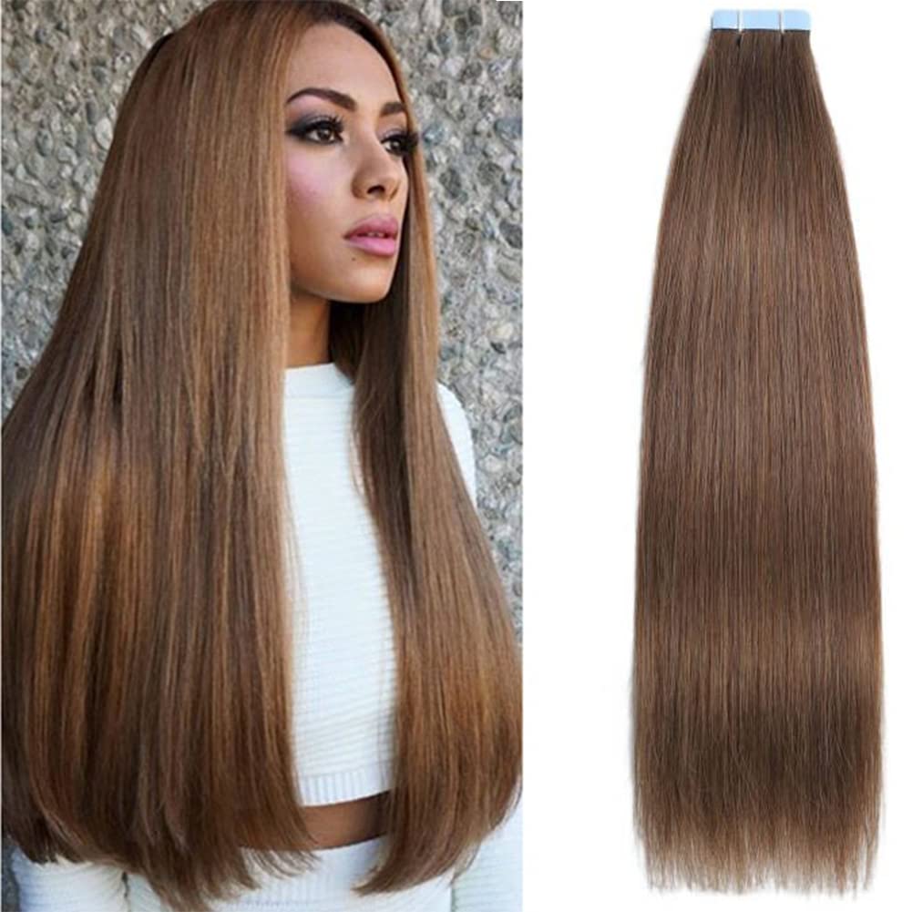 Amella Hair Tape in Hair Extensions Human Hair,20 inch Tape in 40g/pack 20pcs Seamless Skin Weft Remy Straight Hair #8 Light Brown