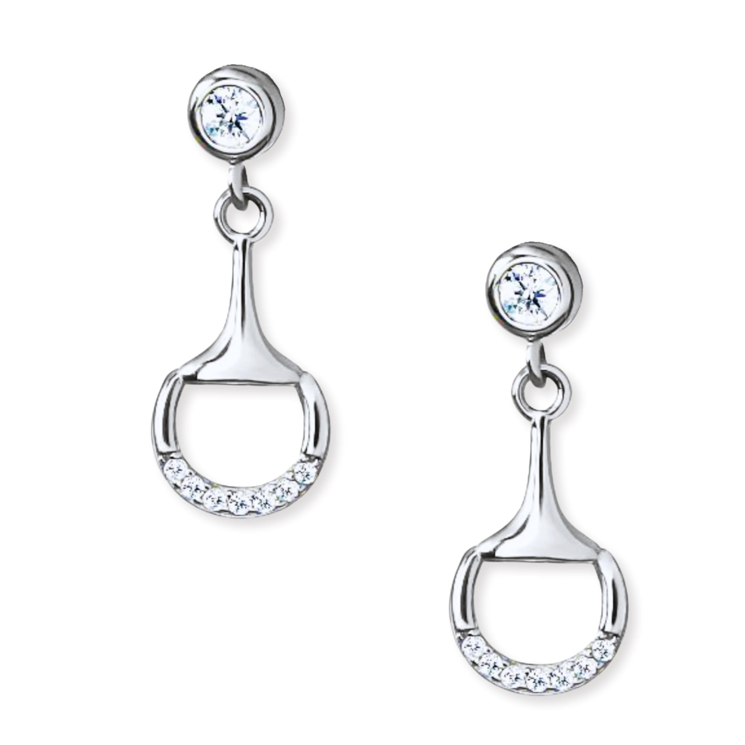 Minimalist Silver Half Horsebit Dangle Earrings with Sparkly Gems – Solid 925 Sterling Silver with CZ. Dainty Horse Jewelry Gift for Her, Lightweight,