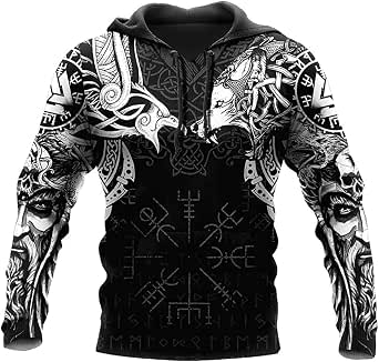 GLUDEAR Men’s Vikings Tattoo Hoodie – Norse Mythology 3D Print, Pullover With Hood, Large