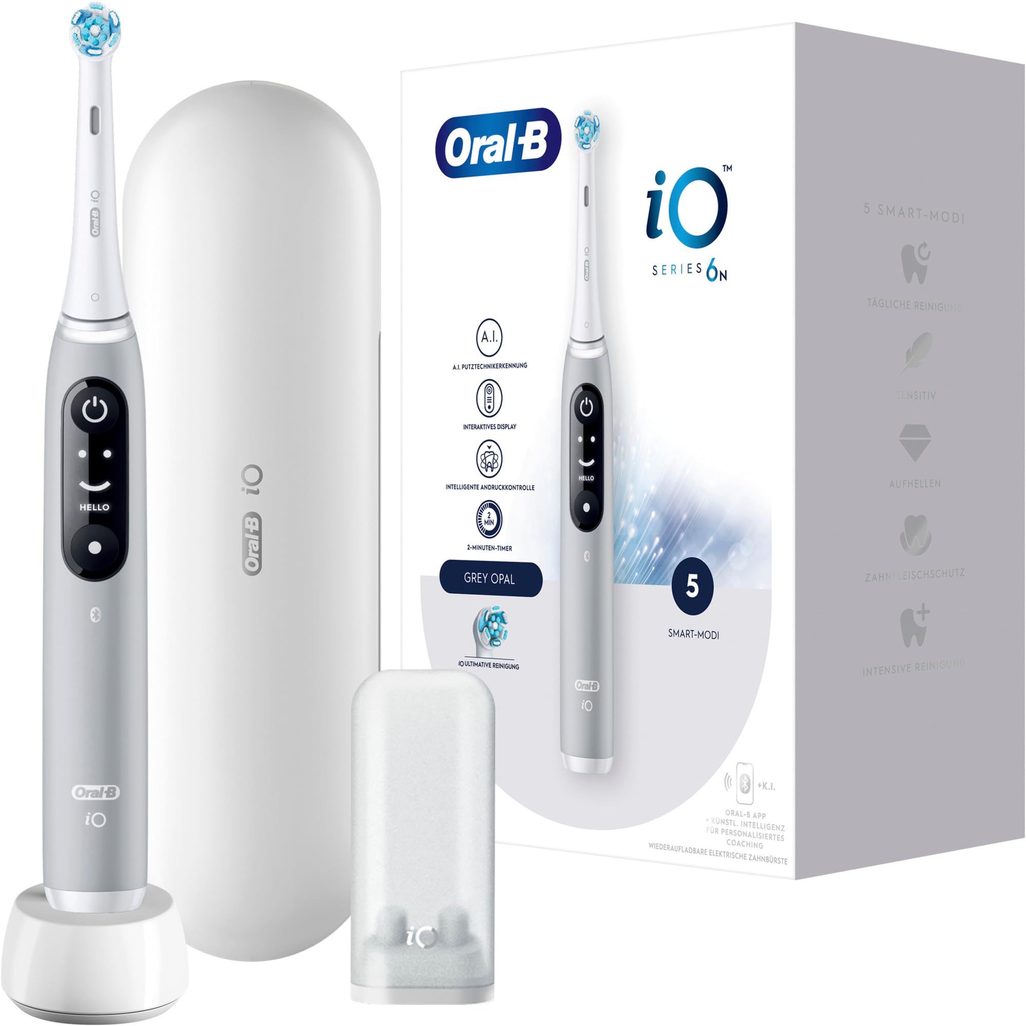 Oral-B iO Series 6 - Cepillo de dientes eléctrico, 2 cabezales de cepillo, 5 modos de cepillado para el cuidado dental, regalo de San ValentÃn para él o ella, pantalla y estuche de viaje, diseñado por