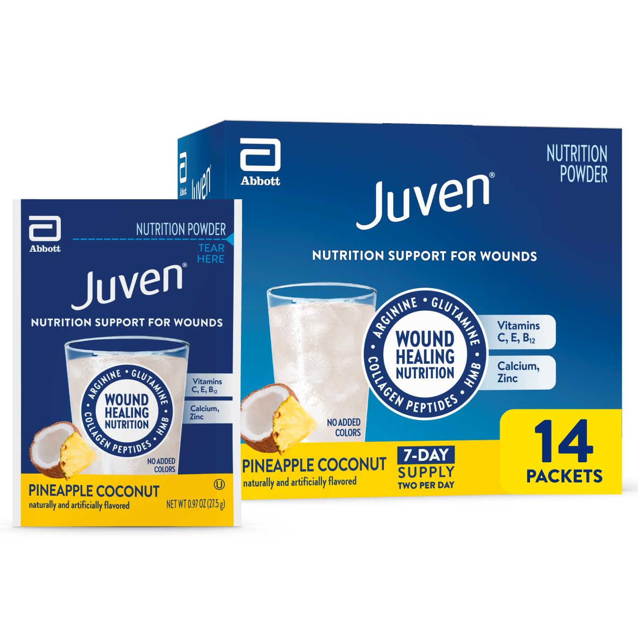 Juven Therapeutic Nutrition Drink Powder Including Collagen Peptides, Amino Acids, and HMB for Wound Healing Support, Pineapple Coconut, 14 Packets