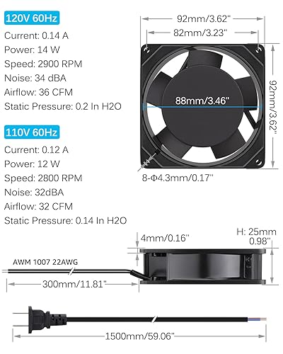 Vista 11 de GDSTIME Ventilador AXIAL 12038, 110 V 120 V CA 4.724 in x 1.496 in, doble rodamiento de bolas, alto CFM con cable de alimentación Swtich