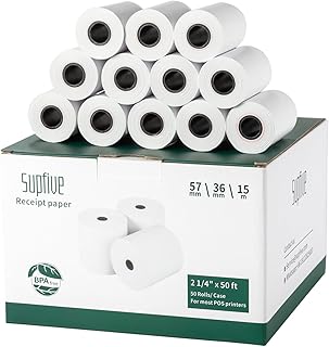 Supfive Thermal Paper Till Rolls 57×36mm 15m, PDQ Rolls Cash Register Receipt 50 Rolls, BPA Free Card Machine Paper Rolls Fit Register Printer POS System