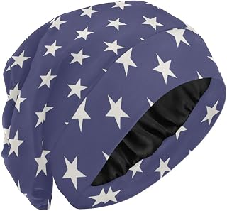 Satin Lined Bonnet Sleep Night Nurse Cap Hair Head Wrap Cover for Sleeping Slouchy Beanie for Men Women Star Blue